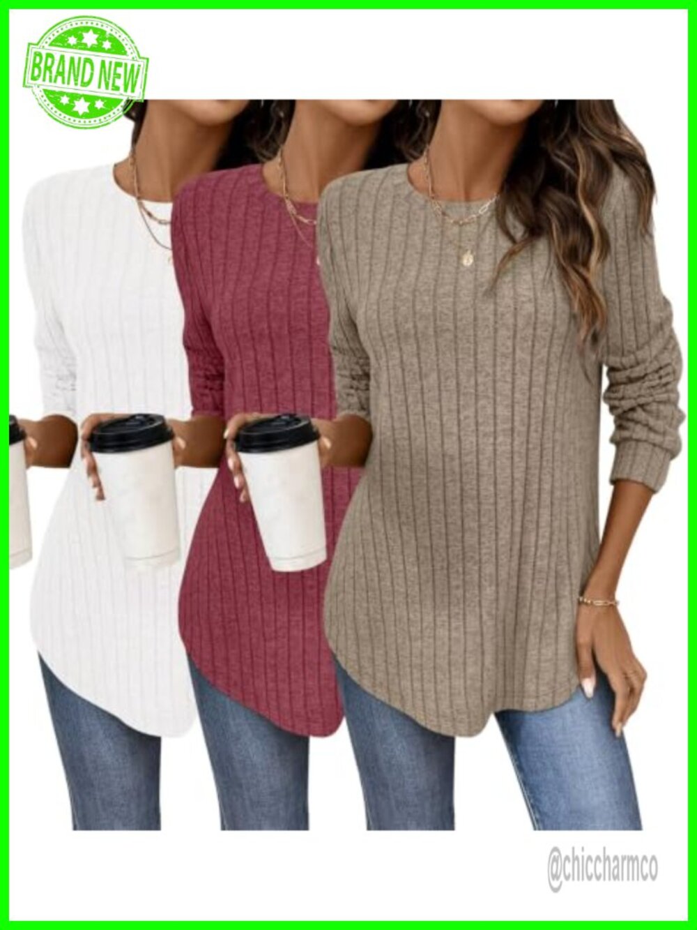 3 Pack Womens Long Sleeve Tunic Tops Curved Hem Crew Neck Ribbed